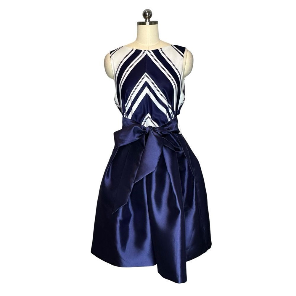 Betsy & Adam Blue and White Fit and Flare Striped Party Midi Dress | 14